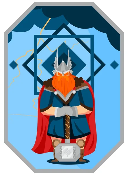 Poderoso senhor da guerra viking personagem stand com martelo, asas de capacete, capa, tipo escandinavo, isolado em branco, ilustração vetorial plana . —  Vetores de Stock