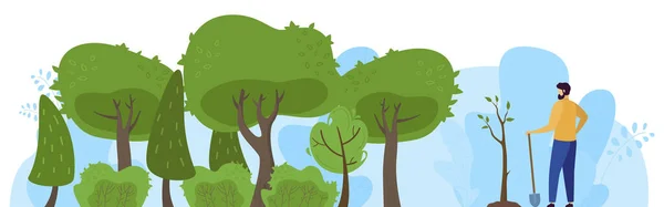 Árbol de plantas en el parque, personaje masculino salvar el planeta, persona forestal, ilustración de vector plano. Hombre pala planta arbusto, arbolito, proteger la naturaleza . — Vector de stock