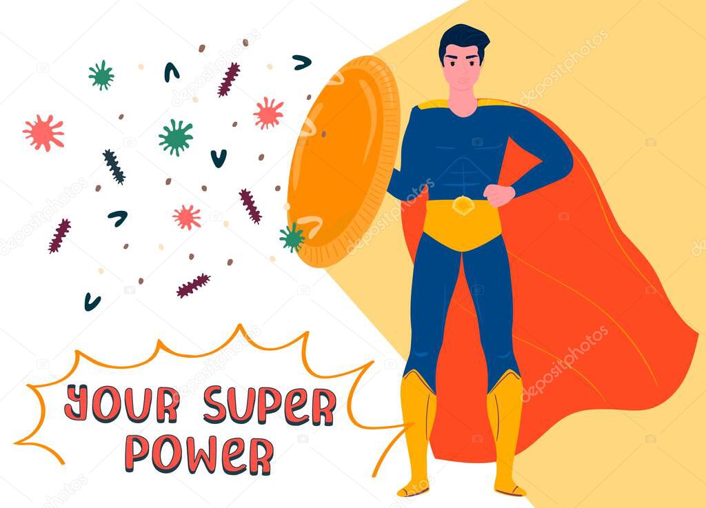 Superhero man with shield, red cloak, protect from virus, coronavirus, bacteria, concept flat vector illustration. Your super power.