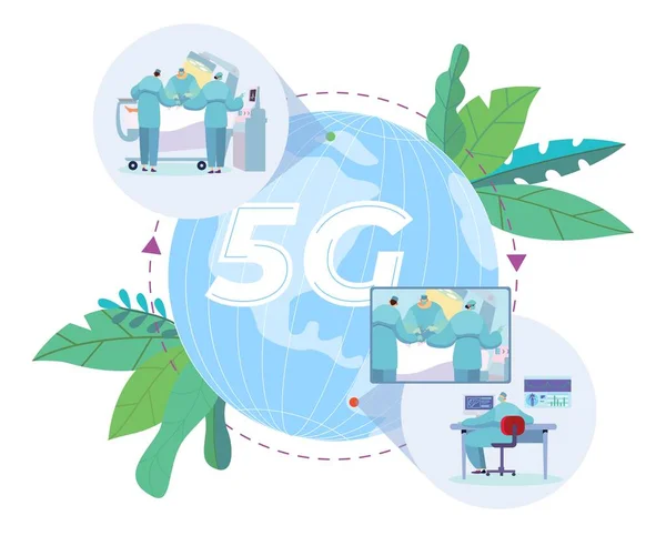 Ilustração do vetor de cirurgia à distância. Trabalho médico remoto, compartilhamento de dados de vírus em todo o mundo por rede, Internet. Médicos em funcionamento — Vetor de Stock