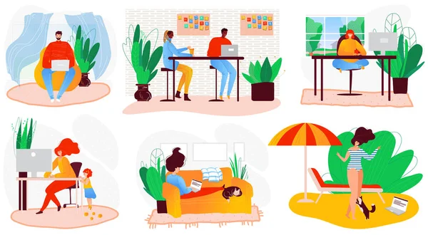 Gente freelance auto-isolamento a casa cartone animato personaggio vettoriale illustrazione. Laptop sul divano lavoro freelance remoto, lavoro fresco, set di lavoro dei lavoratori remoti . — Vettoriale Stock