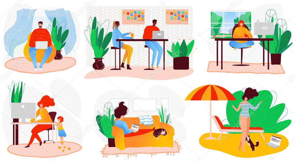 Freelance people self-isolation at home cartoon character vector illustration. Laptop on sofa remote freelance work, cool job, remote workers labor set.