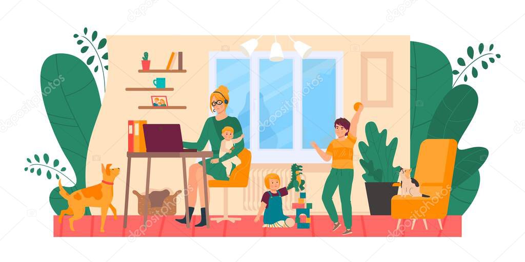 Mother freelance at home, stressed with kids vector illustration. Tired and annoyed woman at computer, children and pets make mess