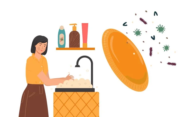Femme se lavant la main, virus protéger illustration vectorielle. Procédure d'hygiène sous robinet avec savon et eau. Virus et bactéries — Image vectorielle