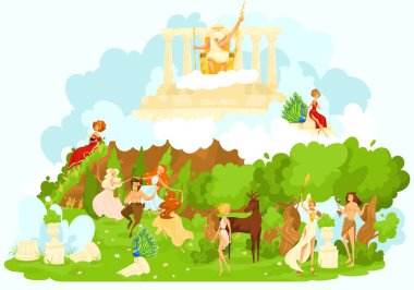 Greek mytholgy, ancient gods cartoon figurines of mythological olympic gods symbolizing the favor and protection flat vector illustration. clipart