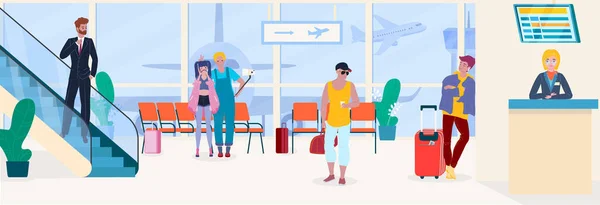 Les gens de l'aéroport voyagent passagers en salle d'attente profondeur et service d'enregistrement illustration vectorielle . — Image vectorielle