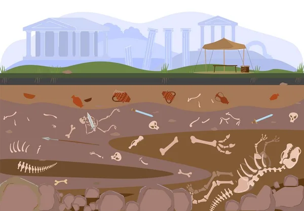 Archeologia, paleontologia scavo o scavo di strati di terreno da parte di archeologi con manufatti, tesori scoperta vettoriale illustrazione . — Vettoriale Stock