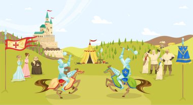 Ortaçağ turnuvası, çizgi film karakterleri, at üzerinde kılıç dövüşü, köylüler ve kale temsilciliği yapan şövalyeler..