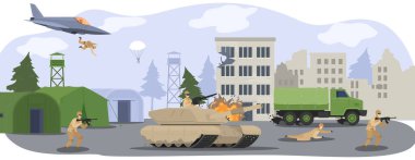 Askeri kamptaki insanlar, kamuflaj üniformalı askerler silah, askeri tank ve uçak karikatür çizimi ile savaşta..