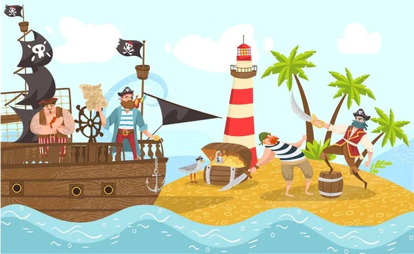 Zeepiraten op piratenschip, boekaniers stripfiguren platte vector illustratie met schat eiland avontuur. — Stockvector