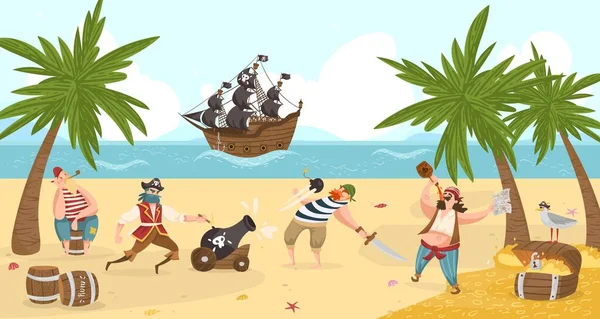 Οι πειρατές της θάλασσας μάχονται και πίνουν ρούμι στο νησί, οι πειρατές καρτούν χαρακτήρες επίπεδη διανυσματική απεικόνιση με περιπέτεια θησαυρού. — Διανυσματικό Αρχείο