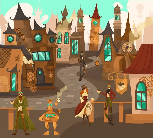 Personajes de la tecnología Steampunk en la ciudad de cuento de hadas con antiguas casas de arquitectura europea, la historia de los castillos de fantasía de Europa ilustración vector de dibujos animados . — Vector de stock