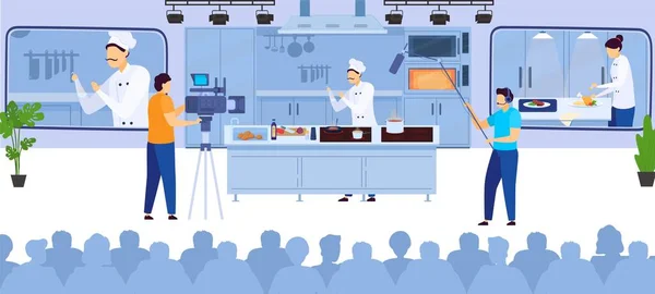 Gotuj online kulinarne blog wideo nagrywania kucharz gotowanie w Internecie i operatorów z urządzeń wideo płaski wektor ilustracji. — Wektor stockowy
