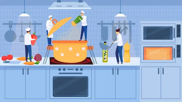 Intérieur de cuisine confortable avec des chefs petites personnes cuisiner soupe dans la cuisinière sur cuisinière, légumes, illustration vectorielle de dessin animé . — Image vectorielle