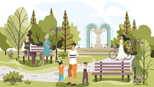 Pessoas no parque ao ar livre entre árvores, estilo de vida da natureza, pai feliz com crianças, menina com bicicleta e ilustração do vetor do casal de idosos . —  Vetores de Stock