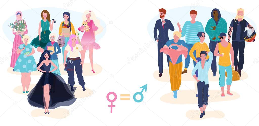 Gender equality, male and female equal rights, opportunity in proffession groups of men and women cartoon vector illustration.