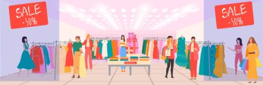 Dükkanları olan alışveriş merkezi, kadın giyim mağazası satışları ve butik odası iç giyim mağazası müşterileri mutlu kadın çizgi film çizimleri..