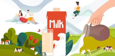 Yeşil çayır üzerinde ineklerle, çiçeklerle ve süt paketiyle milkshake yaz içeceği. Gençler, sütlü içecek illüstrasyonları..