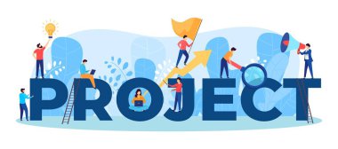 Proje ekibi iş adamlarının büyük harfler, yönetici, tasarımcı ve programcı takım çalışması üzerinde takım olarak çalışmalarının vektör çizimi.
