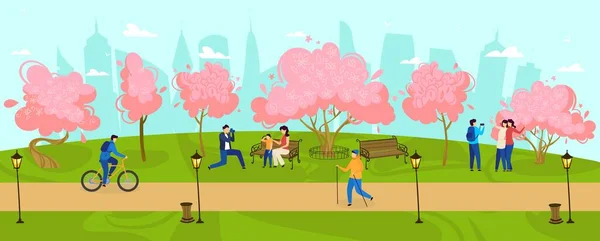 La gente cammina nel parco primavera, alberi in fiore natura all'aperto, famiglia felice con i bambini, illustrazione vettoriale relax . — Vettoriale Stock