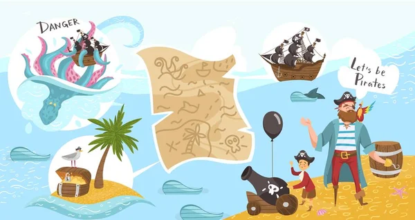 Fiesta pirata para niños, juegos en barco pirata, bucaneros personajes de dibujos animados vector plano ilustración con mapa del tesoro . — Archivo Imágenes Vectoriales