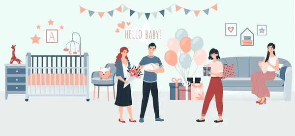 Pregnancy and parenthood newborn baby birth with parents holding newborn, young family in kids room vector illustration. — Stock Vector