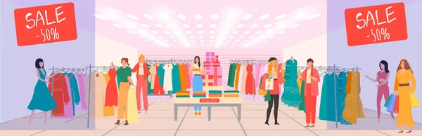 Centro comercial con tiendas, ropa femenina venta de tiendas y boutique habitación interior moda clientes feliz mujer dibujos animados vector ilustración . — Vector de stock