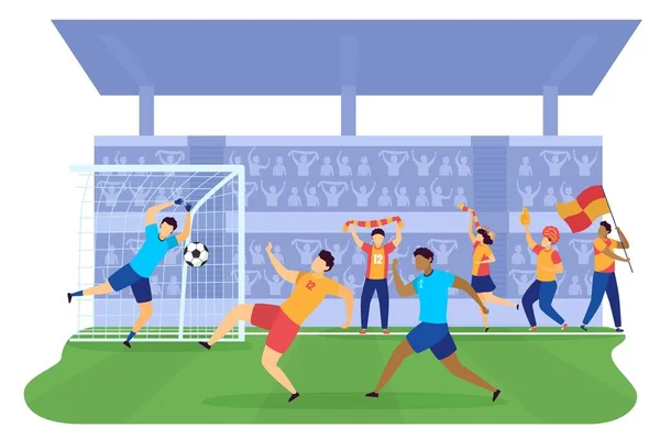 Fotbalisté fotbalisté kopání míč do brány na zelené louce tadium ploché vektorové ilustrace, lidé profesionální fotbalisté. — Stockový vektor