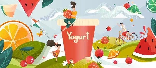 Joghurt nyári gyümölcs memória ital zöld rét, virágok és gyümölcsök és bogyók, gyerekek tejes yohurt ital vektor illusztráció. — Stock Vector