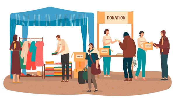 Voluntarios ayudan a los pobres, donación con paños y dinero, proyectos de voluntariado social ilustración vectorial plana, asistencia para los pobres . — Archivo Imágenes Vectoriales