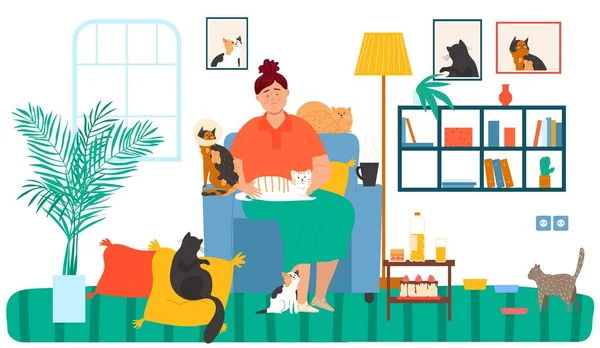 Lonely old lady hugs cats, happiness and domestic pets animals vector illustration. Kitty and kitten at home in living room. Comic feline lovers.