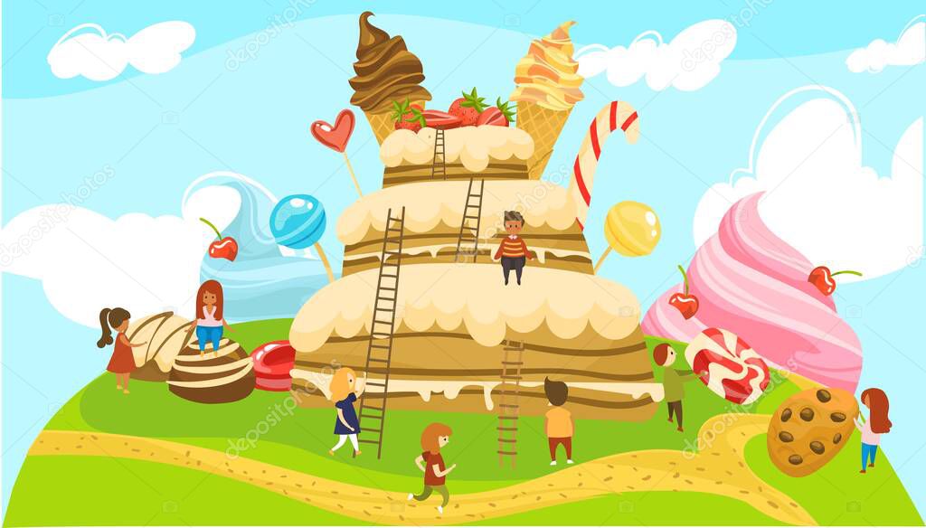 Little people in land of sweets fairytale world, boys and girls on ladders to huge cake with icecream cones vector illustration.