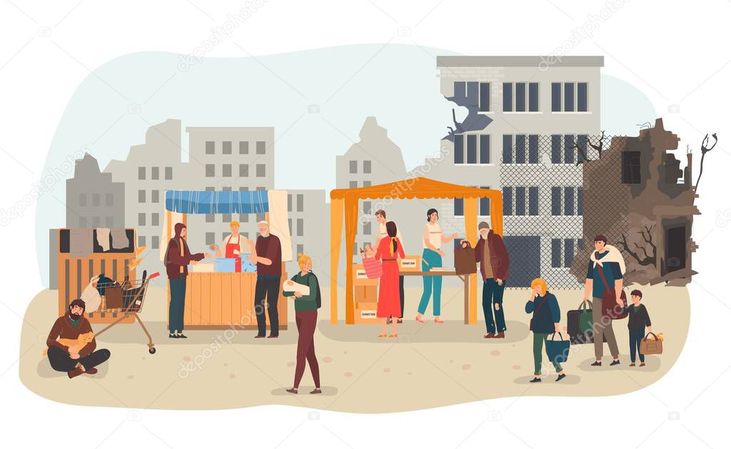 Volunteers help people after disaster, war or earthquake with food, cloths charity, social volunteering flat vector illustration, assistance for homeless.