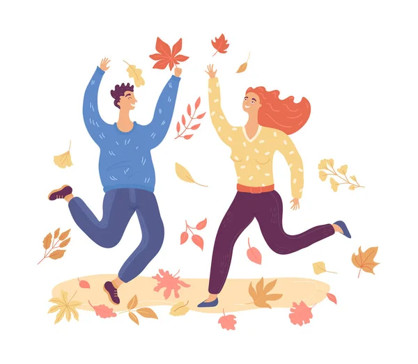 Pasangan muda sedang menari. di jalan dalam cahaya lampu jalan. Sekitar daun musim gugur dan catatan. Berputar, jazz musim gugur. Ilustrasi terang pada latar belakang putih - Stok Vektor