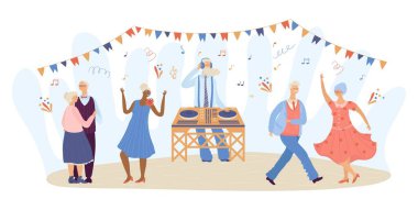 Müzik dinlerken dans eden yaşlı insanlardan oluşan bir çizgi film grubu, beyaz vektör illüstrasyonunda izole edilmiş bir gramofon ile DJ çalıyor.