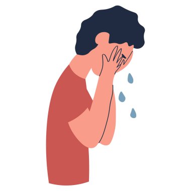 Sıradan üzgün adam karikatürleri ağlar üzgün yüz ifadesi, kırgınlık ve acı, beyaz resimlerde izole edilmiş insanların ruh hali, vektör