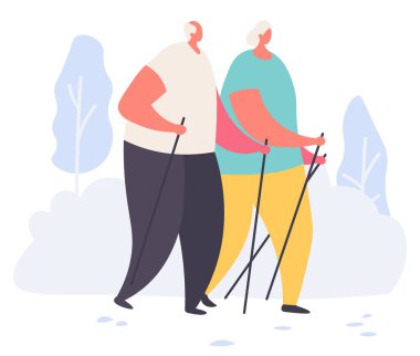 Elderly man and woman walk in the park together, holding walking sticks outside vector illustration, cartoon character . clipart