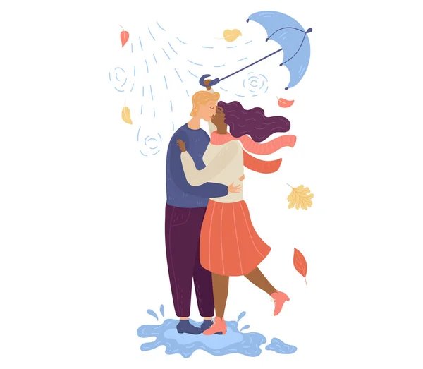 Joven hombre y mujer disfrutando besándose bajo paraguas en otoño día lluvioso, aislado en la ilustración de dibujos animados blancos, vector . — Archivo Imágenes Vectoriales