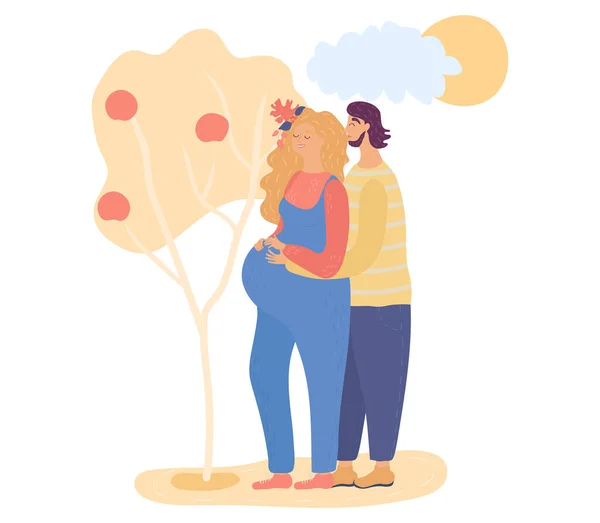 Dibujos animados marido feliz y esposa embarazada en el amor están caminando en el soleado parque de otoño, aislado en blanco, ilustración vectorial . — Archivo Imágenes Vectoriales