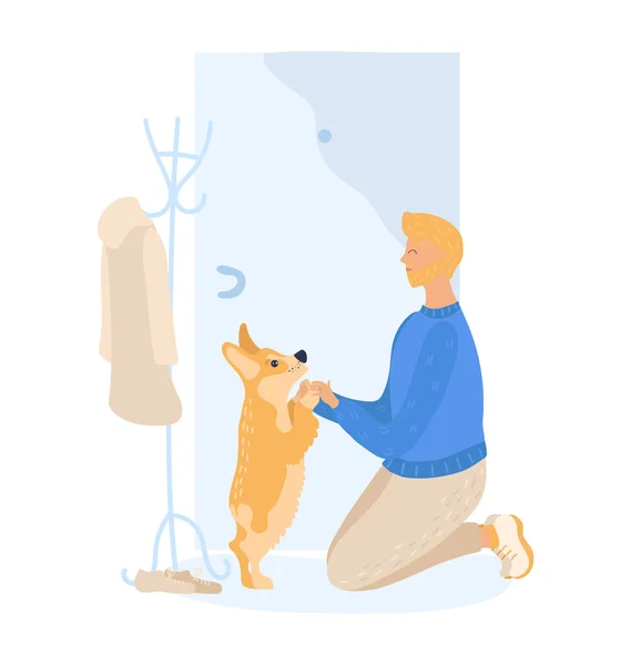 Giovane giocare con il suo cane che gli dà una zampa vicino alla porta di casa, isolato su bianco vettore illustrazione piatto cartone animato . — Vettoriale Stock