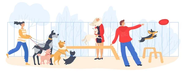 Gente dei cartoni animati che cammina insieme con l'animale domestico e gioca con i cani sul parco giochi all'esterno isolato su bianco, illustrazione, vettore . — Vettoriale Stock