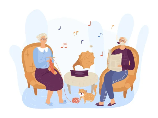 Cartoon γιαγιά πλέκει κάλτσες, ο παππούς της διαβάζει την εφημερίδα ακούγοντας μουσική απομονωμένη σε λευκό διάνυσμα εικονογράφηση — Διανυσματικό Αρχείο
