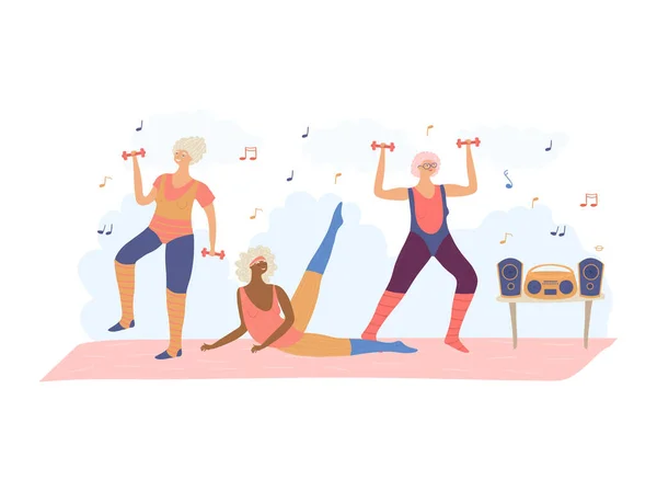 Personas mayores activas entrenando fitness o rehabilitación en gimnasio escuchando música aislada en ilustración vectorial blanca — Archivo Imágenes Vectoriales