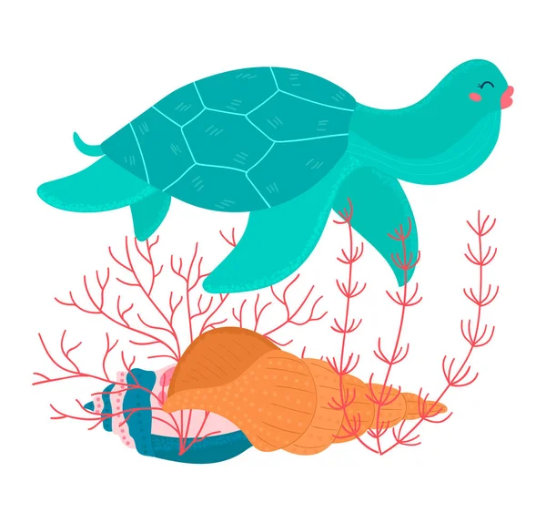 Dibujos animados animales tortuga de color tropical nada por encima de la concha marina y algas marinas aisladas en blanco, vector, ilustración . — Vector de stock