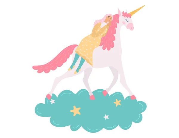 Unicorno magico cavallo fantasia animale e ragazza, illustrazione vettoriale — Vettoriale Stock