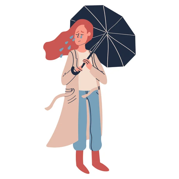 Miserable Frau steht und weint von Problemen mit einem Regenschirm Assoziation Fehler, Problem isoliert auf weißem Vektor Illustration — Stockvektor