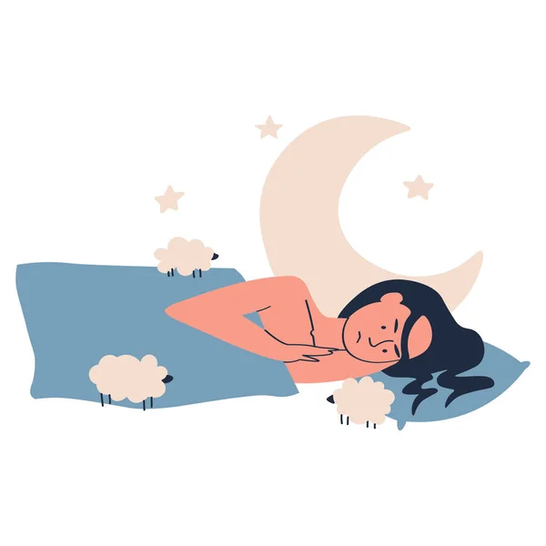 Sad tired sleepy woman lying on bed counts sheep at home suffers from insomnia night isolated on white vector illustration — Stock Vector