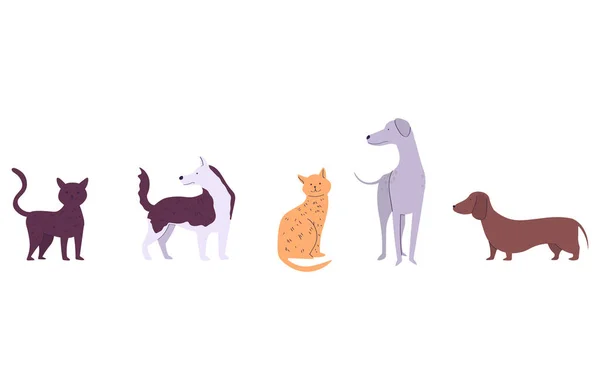 Juego de dibujos animados de grupo grande lindo y divertido perro de dibujos animados razas y gato coño aislado en el vector blanco, ilustración — Vector de stock