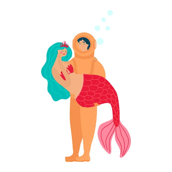 Penyelam laut dalam kartun berpegangan pada tangan putri duyung cantik di laut menikmati waktu bersama terisolasi pada vektor putih, ilustrasi Stok Vektor