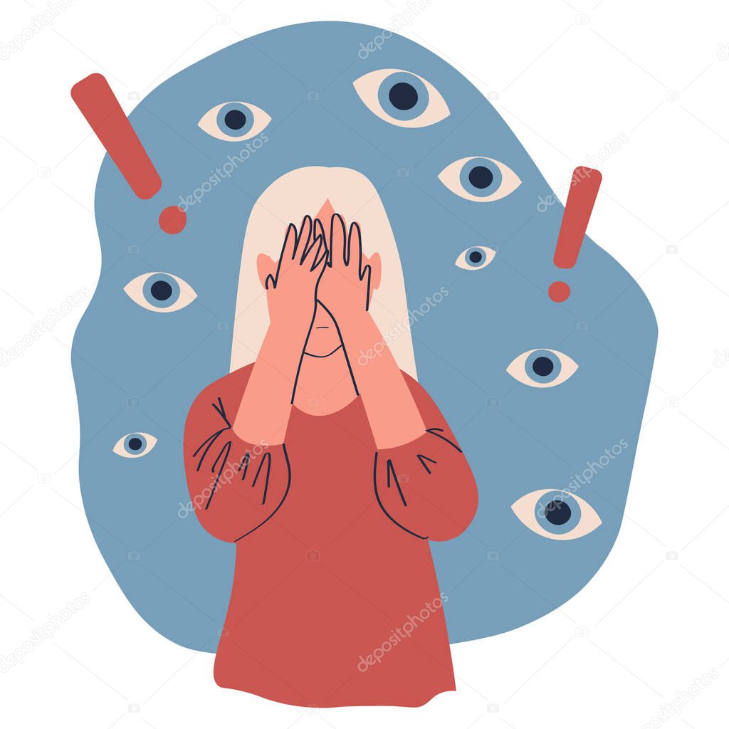 Miserable lonely young woman covering her eyes with hands associating fault, problem isolated on white vector illustration